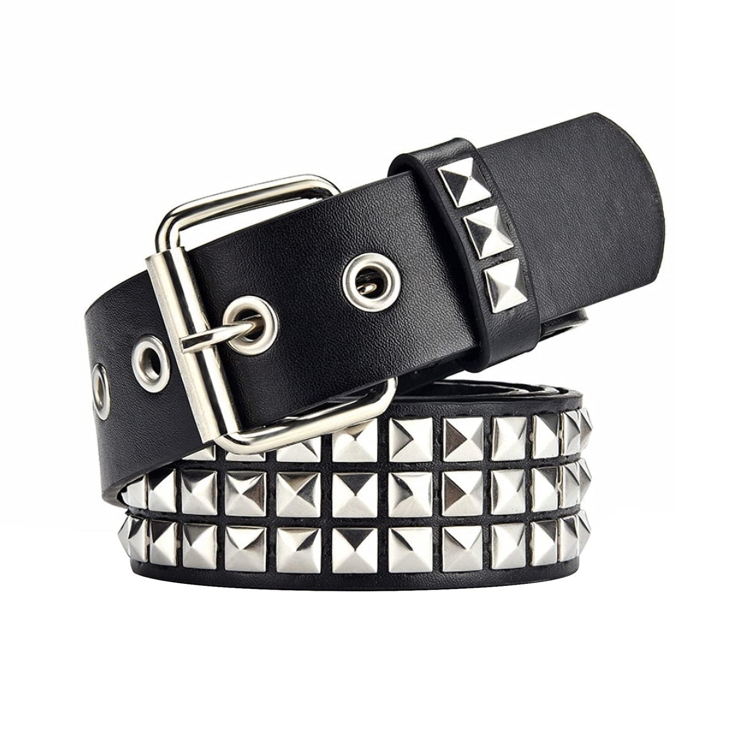 Black Studded Belt Punk Rock Rivet Belt Grommet Threads Belt with Bright Metal Pyramid for Women Men (Black Fit Pant (Black Fit Pant 35-40 inch)